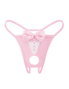 Pink bowknot thong lingerie with white triangular panel, button accents, and round cutout