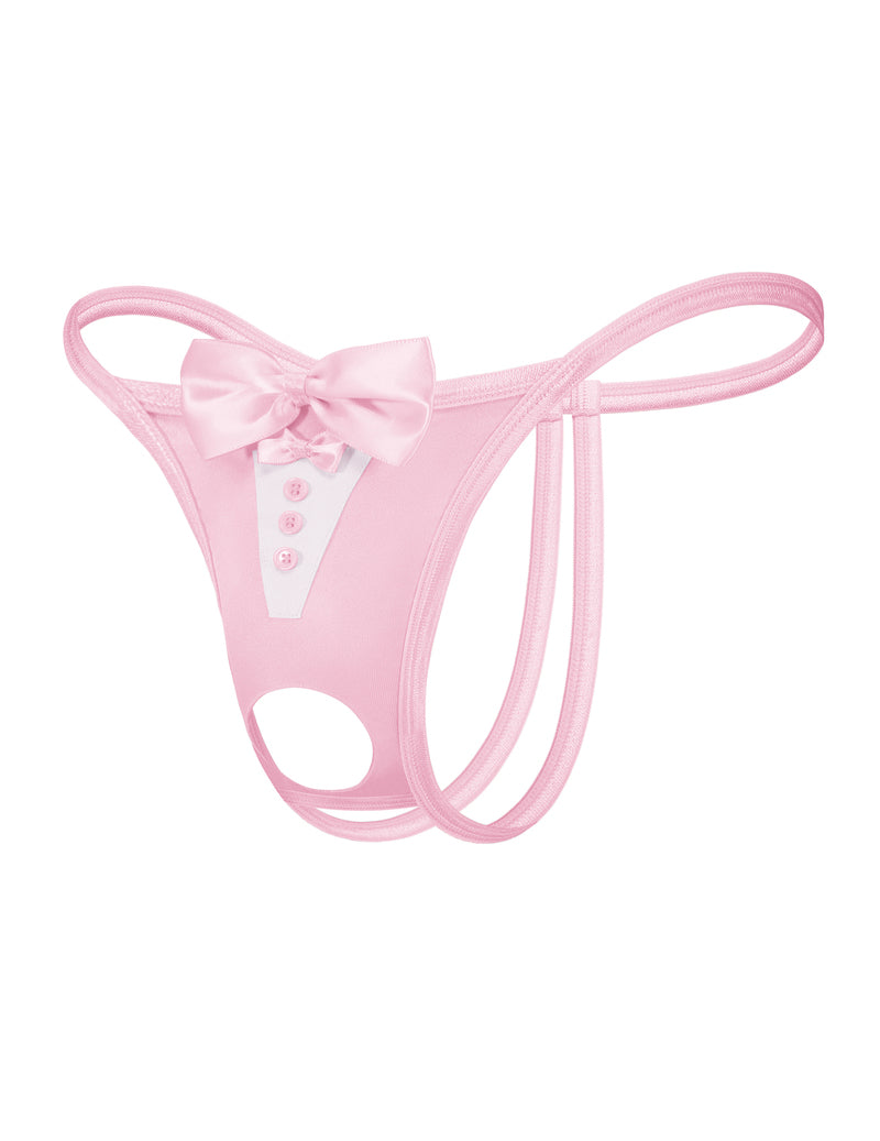 Pink bowknot thong with twin front straps and round cutout