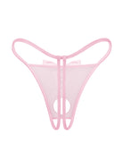 Pink sheer thong with vertical strap detail and round cutout in front