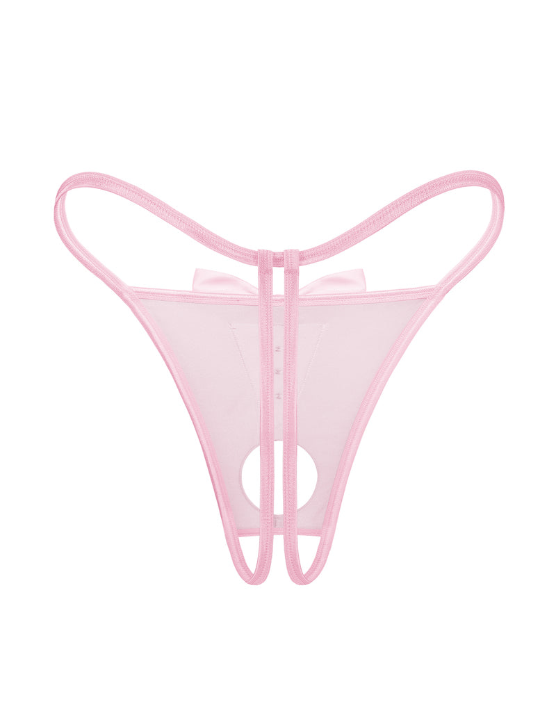 Pink sheer thong with vertical strap detail and round cutout in front