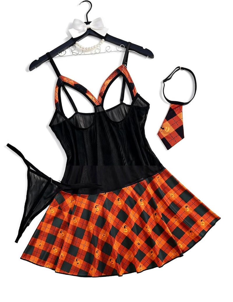 Black mesh camisole cosplay dress set with orange plaid skirt and tie thong