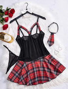 Black mesh camisole cosplay dress set with red plaid skirt and tie thong