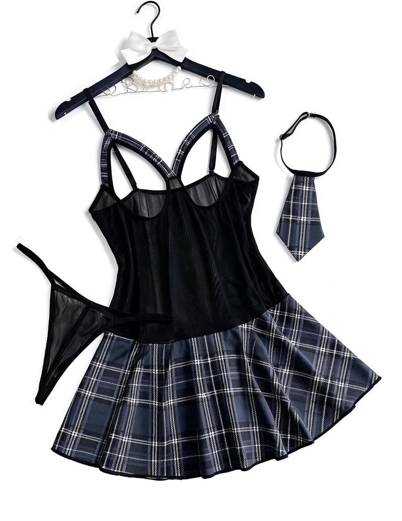 Black mesh camisole cosplay dress set with blue plaid skirt and tie thong