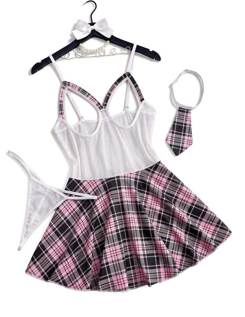 Plaid schoolgirl costume dress set with white corset-style top and pink plaid skirt, tie thong
