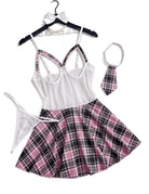 Plaid schoolgirl costume dress set with white corset-style top and pink plaid skirt, tie thong