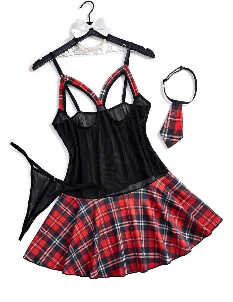Plaid schoolgirl costume dress set with black corset-style top and red plaid skirt, tie thong