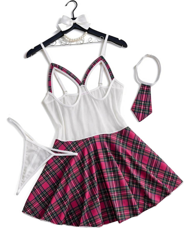 Plaid schoolgirl costume dress set with white corset-style top and magenta plaid skirt, tie thong