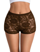 Sheer lace micro shorts, dark brown floral pattern, low-rise elastic waistband.
