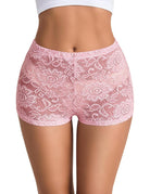 Sheer lace micro shorts, pink floral pattern, low-rise elastic waistband.