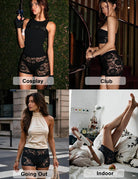 Sheer lace micro shorts, black floral lace, low-rise elastic waistband.