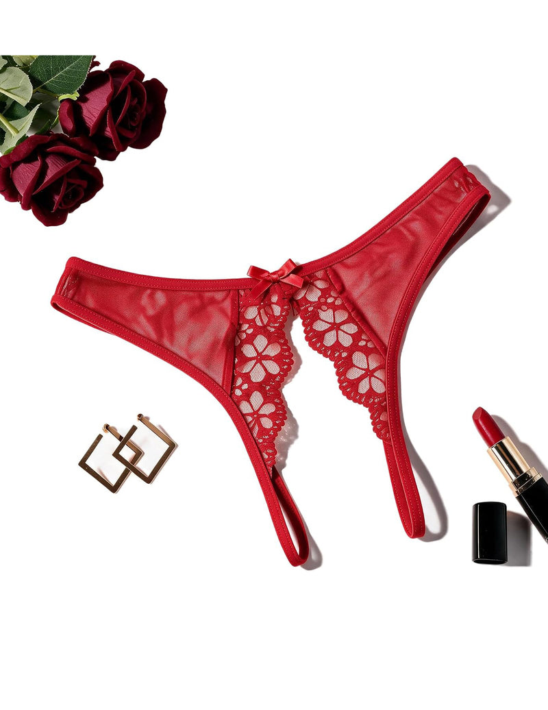 Red low-rise lace mesh thong with floral cutout panels and bow