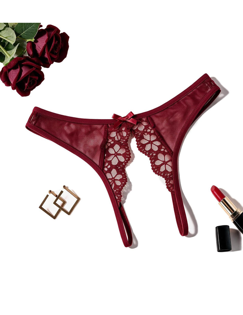 Wine red low-rise lace thong with floral cutout panels and bow detail