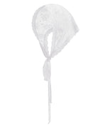 White floral lace triangle head scarf with sheer fabric and long hanging ties.
