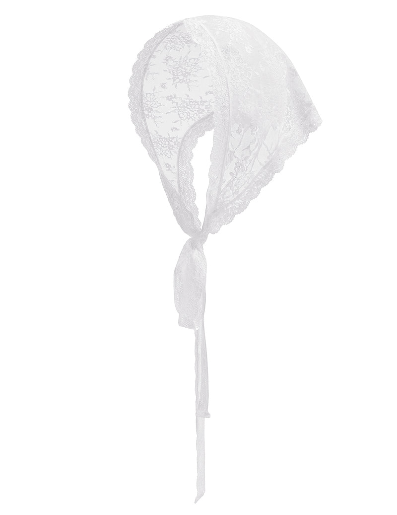 White floral lace triangle head scarf with sheer fabric and long hanging ties.