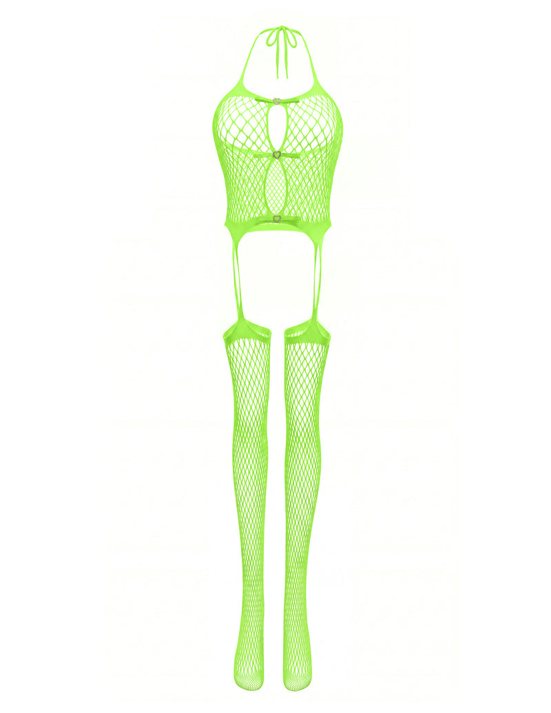 Neon green fishnet bodysuit with hollow-out front and matching thigh-high stockings