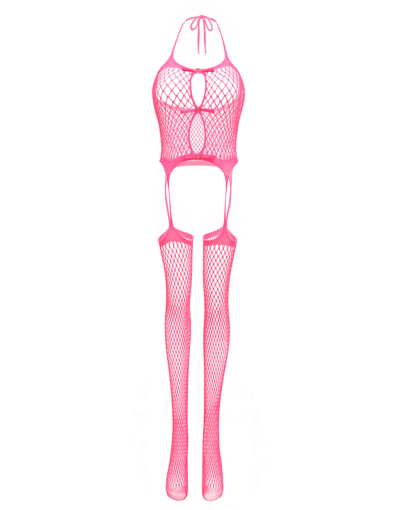 Hot pink fishnet bodysuit with hollow-out front and matching thigh-high stockings