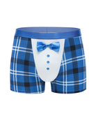 Blue plaid tuxedo boxer briefs with satin bow and white button front panel