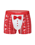Red festive tuxedo boxer briefs with satin bow and white button front panel