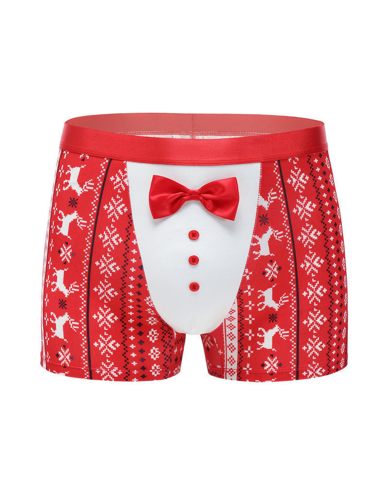 Red festive tuxedo boxer briefs with satin bow and white button front panel