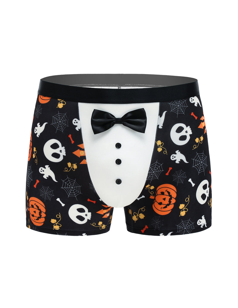 Black Halloween tuxedo boxer briefs with satin bow and white button front panel