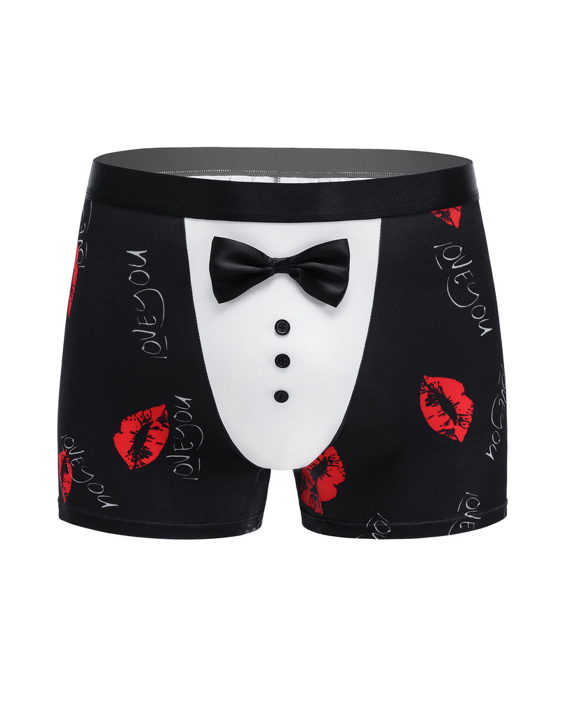 Black tuxedo boxer briefs with satin bow, white panel, and red lips graphic