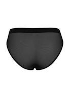 Men's sheer mesh bikini brief, back view, black with smooth low-cut leg openings