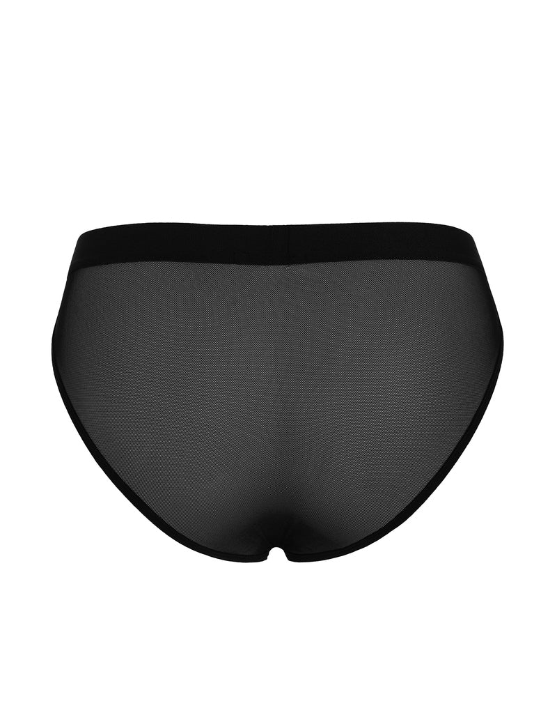 Men's sheer mesh bikini brief, back view, black with smooth low-cut leg openings