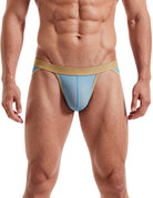 Men's sheer mesh bikini brief with contour pouch, light blue with gold trim
