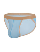 Men's sheer mesh bikini brief, side view, light blue with tan/gold waistband