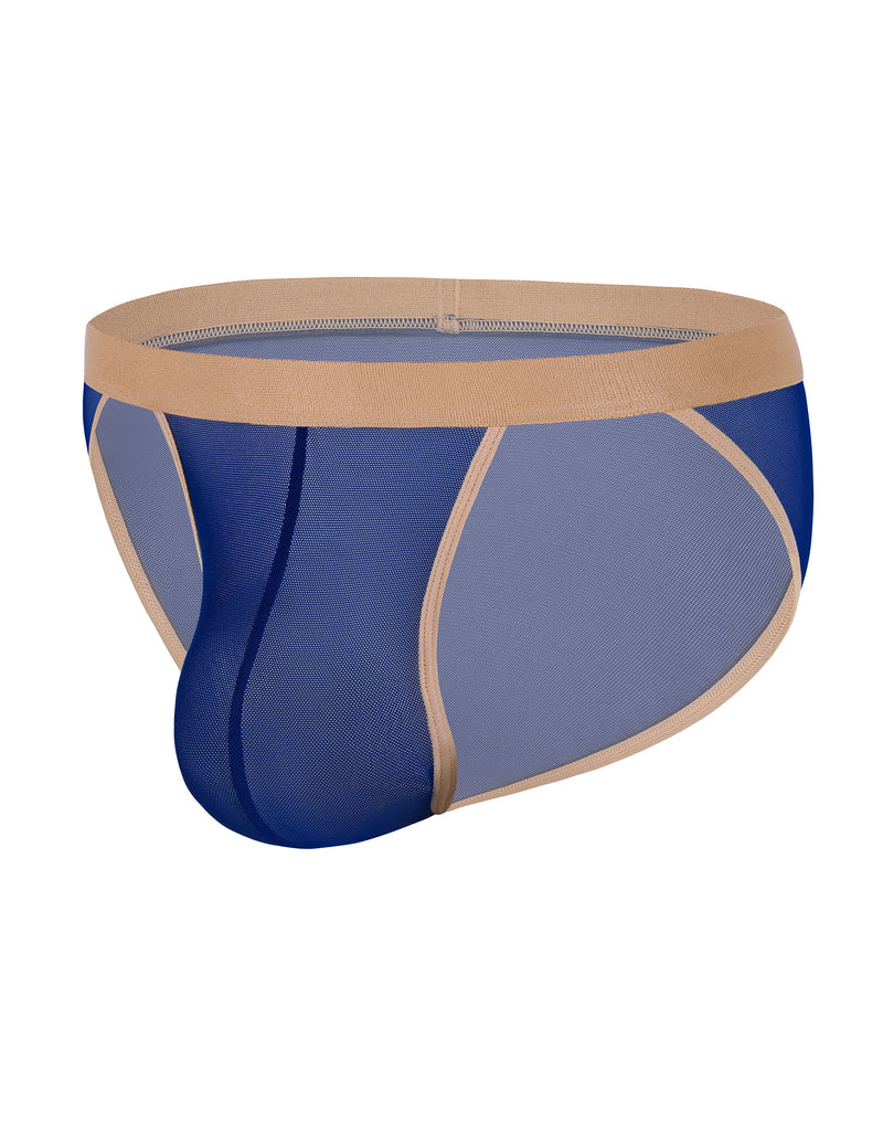 Men's sheer mesh bikini brief, side view, blue with tan/gold trim and dark contrast panel