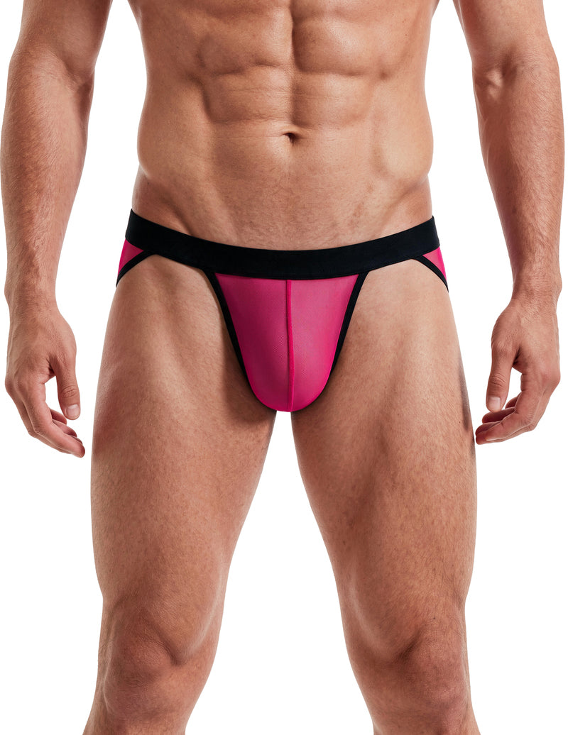 Men's sheer mesh bikini brief with contour pouch, low-rise high cut, pink with black trim