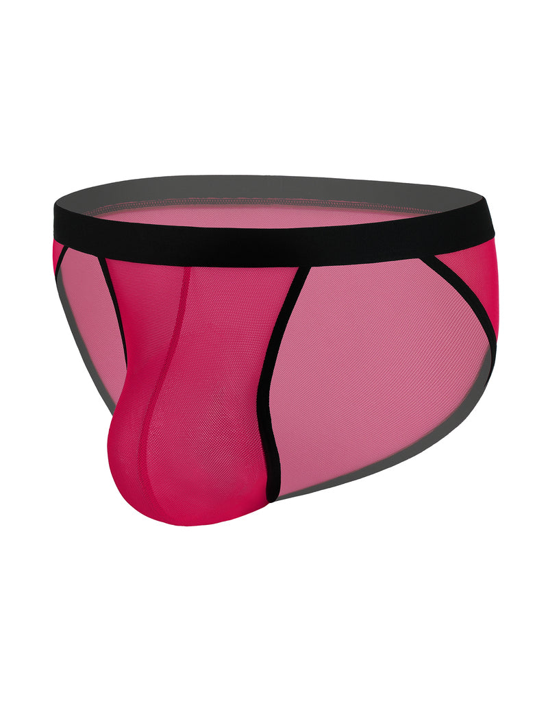 Men's sheer mesh bikini brief, side view, pink with black waistband and contour pouch