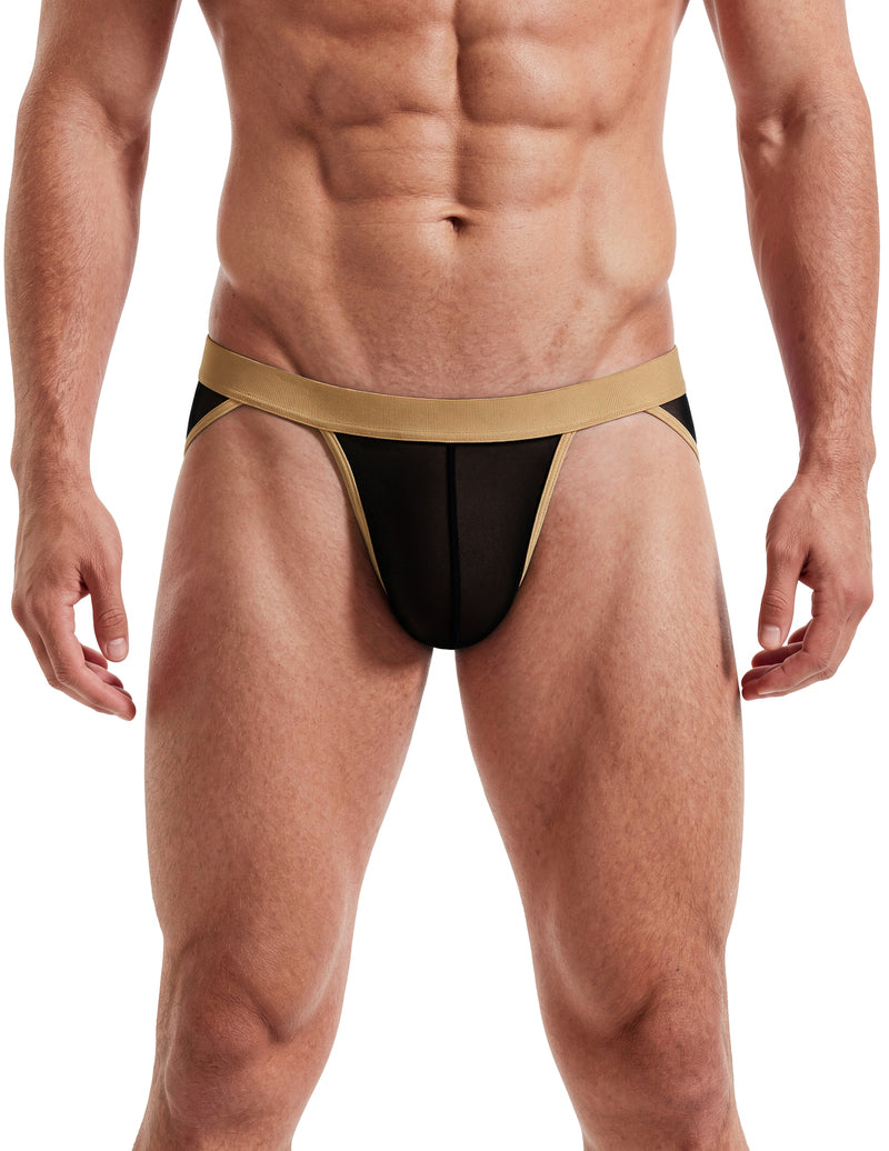 Men's black sheer mesh bikini brief with contour pouch, low rise, high cut, gold trim