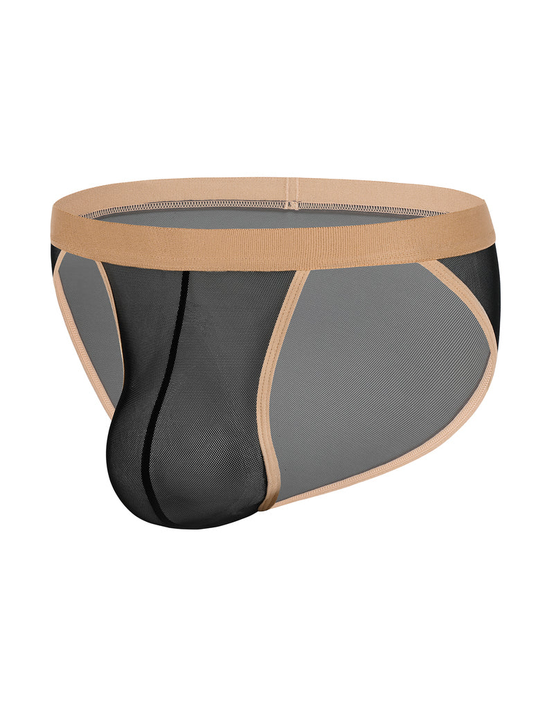 Men's black sheer mesh bikini brief with contour pouch and gold-trim waistband, high cut