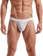 Men's white sheer mesh bikini brief with contour pouch, low rise, high cut
