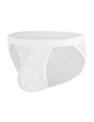Men's white sheer mesh bikini brief with contour pouch, low rise, high cut, side view