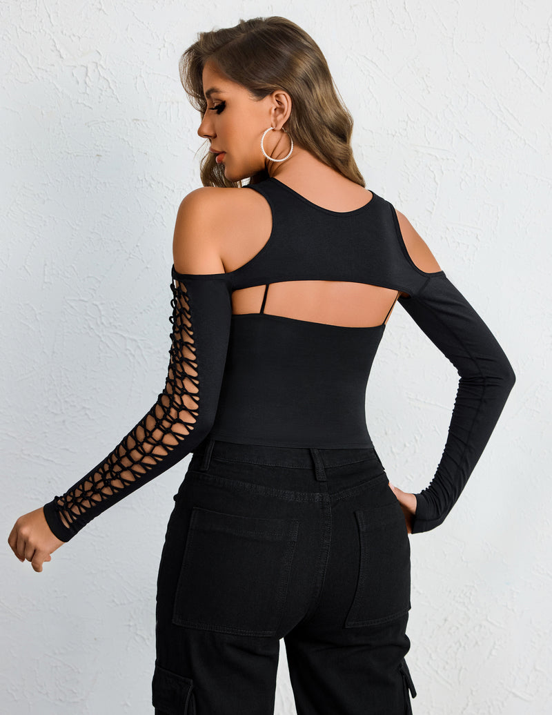 Black cut-out fishnet shrug crop top with long sleeves and lattice sleeve panels