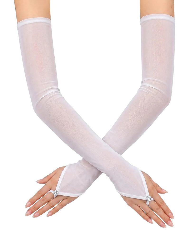 Sheer Mesh Arm  Warmers Over Elbow Fingerless Gloves Rhinestone Thumb Loop