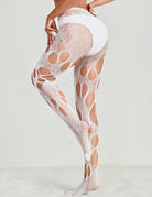 White lace fishnet tights with large cutouts, back view
