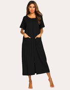 Black short-sleeve loungewear dress with front zipper and side pockets, full length