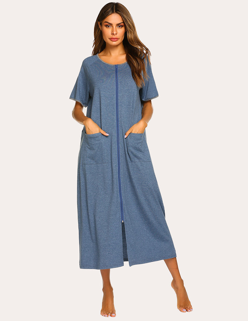 Blue short-sleeve loungewear dress with front zipper and side pockets, full length