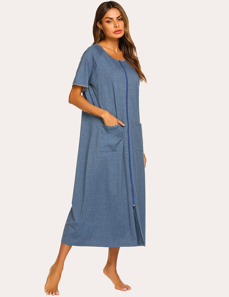 Blue short-sleeve loungewear dress with front zipper and side pockets, midi-to-full length