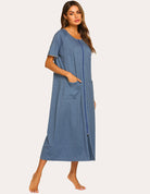 Blue short-sleeve loungewear dress with front zipper and side pockets, midi-to-full length