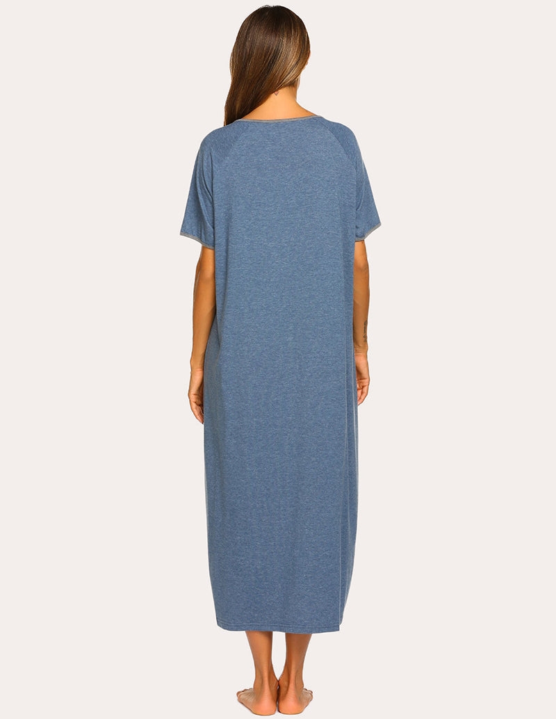 Blue short-sleeve long loungewear dress, back view with wide round neckline