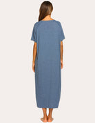 Blue short-sleeve long loungewear dress, back view with wide round neckline