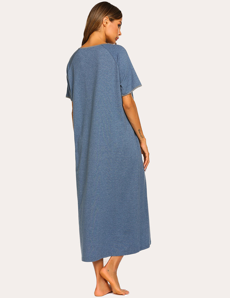 Blue short-sleeve long loungewear dress, back view with relaxed fit