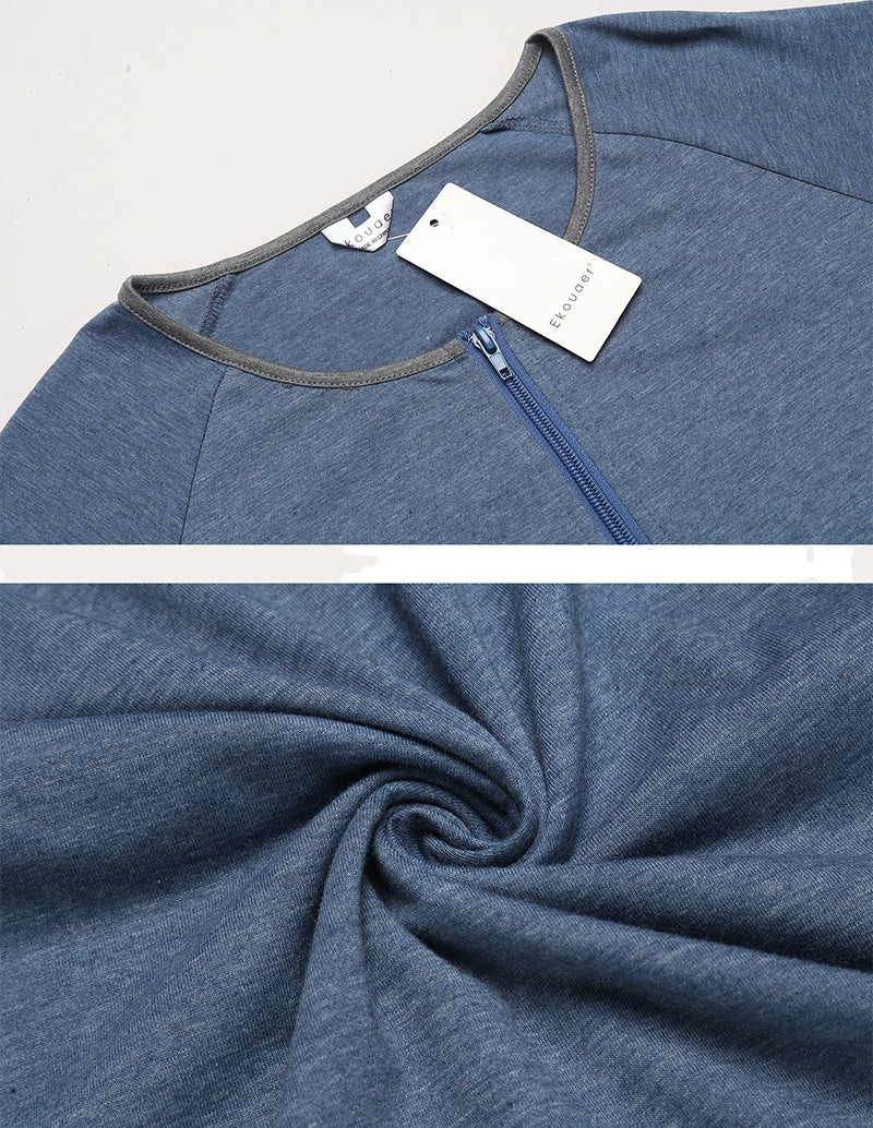 Blue short-sleeve loungewear dress neckline and soft knit fabric close-up