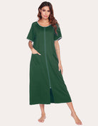 Green short-sleeve loungewear dress with front zipper and side pockets, full length