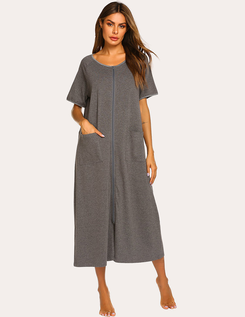 Light grey short-sleeve loungewear dress with front zipper and side pockets, full length