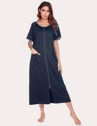 Navy short-sleeve loungewear dress with front zipper and side pockets, full length